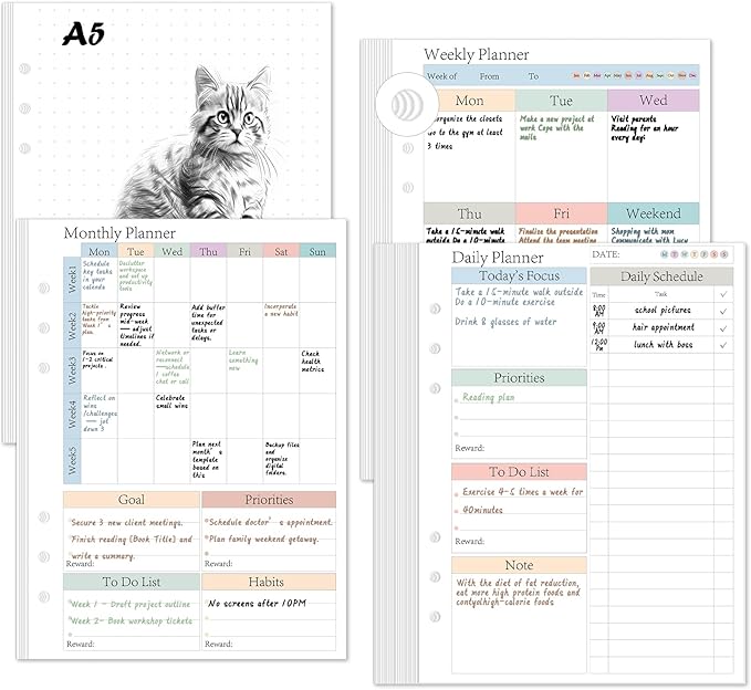 ADHD Planner Refill Pages for A5 Binders Planner Inserts Daily Weekly Monthly 120 Sheets/240 pages for 6 Ring Binder Undated Planners Refills Colorful To Do List Refill Paper 120 GSM Thick Loose Leaf Paper for 3 Months Neurodivergent Journal Productivi...