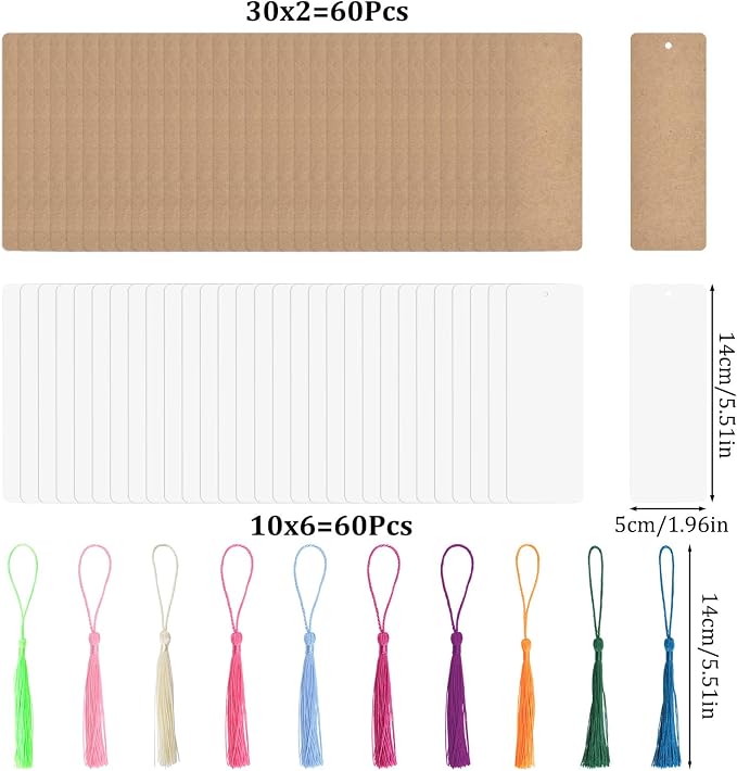 WANDIC Blank Bookmarks, Cardstock Bookmarks with Holes, 60 Pcs White & Brown and 60 Pcs Colorful Tassels for DIY Projects and Gift Supplies