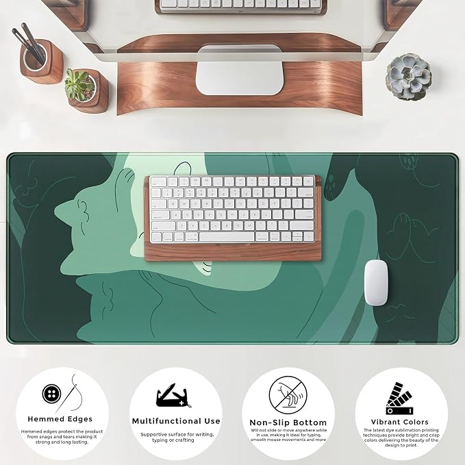 Cute Green Cat Desk Mat Extended Mouse Pad Large Gaming Mousepad XL Long Desk Pad Minimalist Laptop Keyboard Pad Deskmat Deskpad Desktop Mouse Mat Big 31.5"x11.8" with Stitched Edges