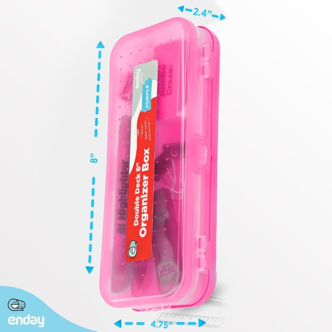 Enday Pencil Box Pink, Plastic Double Deck Pencil Case with 7 Compartments, Box Organizer with Snap Closure for Home and Office