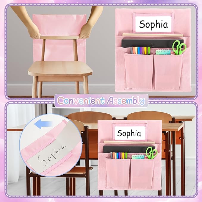 gisgfim 24 Pcs Small Chair Pockets for Classroom 13 x 14 Inch Bag with Name Tag Multi Pockets Chairsback Pouch Organizer for Student Kindergarten Elementary Daycare (Pastel Pink)