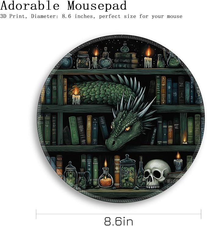 Gctriki Gothic Dragon Mouse Pad with Stitched Edges, Small Round Mouse Pads for Desk, Funny Travel Mousepad for Computer Laptop Office Desk Accessories Decor Mystical Library Vintage Book 8.6 inch