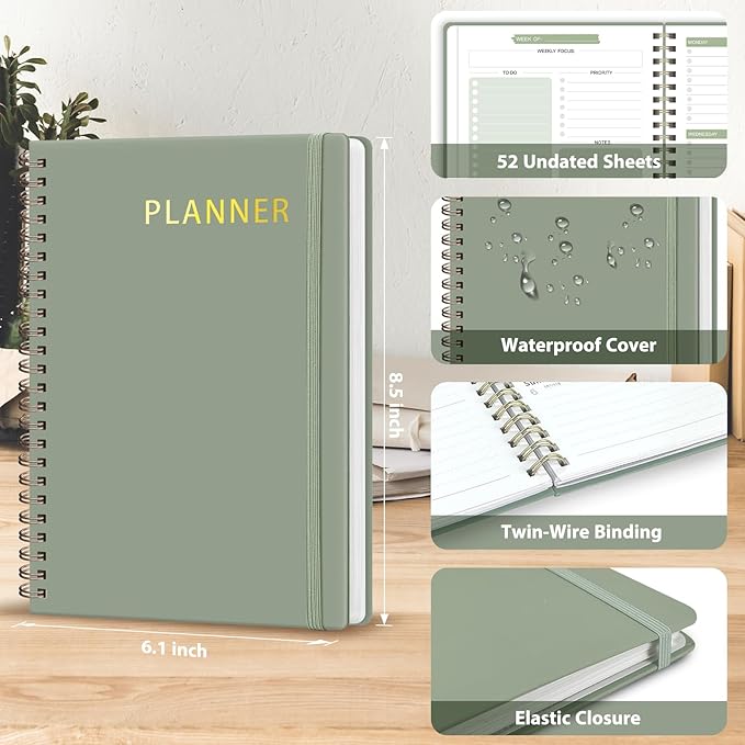 Undated Weekly Planner, Weekly To Do List Notebook with Goal, Organizer & Habit Tracker, A5 Daily Planner with Spiral Binding, Ideal for Office School Suppies