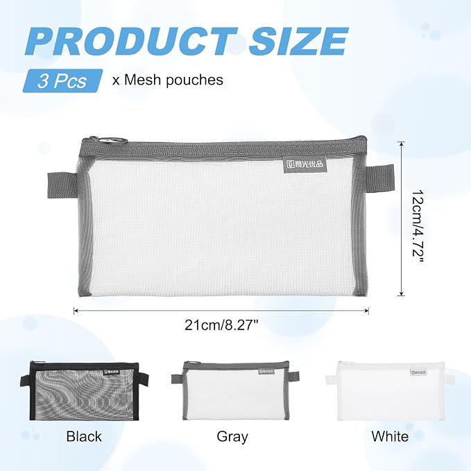PATIKIL 3Pack Mesh Zipper Pouch Bags, 8.3" x 4.7" Nylon Mesh Pouch Waterproof Cosmetic Bags Pencil Holders Documents Pocket for Organization Travel Accessories Office Supplies, Gray