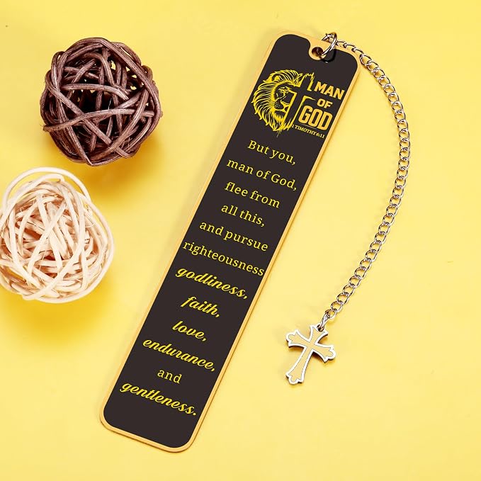 Christian Bookmark Man of God, Inspirational Lion Bible Verse Bookmark with Cross Pendant