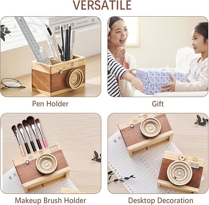 Vintage Wooden Camera Pencil Holder – Retro Desk Organizer for Pens & Stationery, Unique Photography Gift for Photographers, Creative Wooden Pen Holder for Office & Home Decor (Double slot)