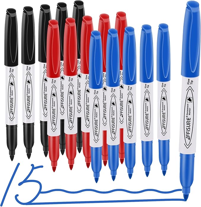 Permanent Markers, Black, Blue, Red, 15 Pack, Fine Point，Assorted Colors Set, Works on Wood, Plastic, Metal, and More, for Adults, Artist, Teacher, Kids