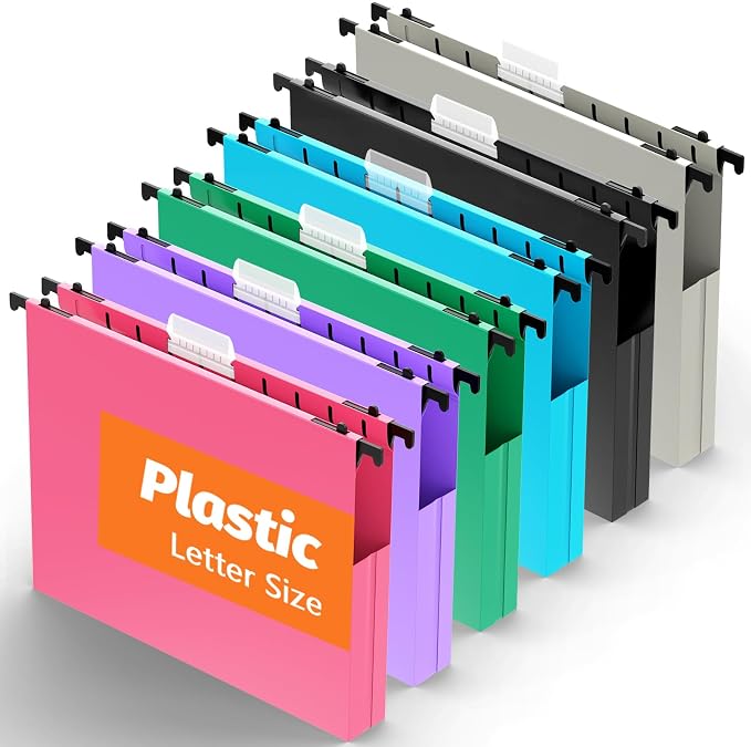 SHUTEX Hanging File Folders Letter Size, 12 Pack File Folders Hanging with Tabs, File Cabinet Folder, 1 Inch Plastic Filing Folders Hanging Expandable for Bulk Files/Medical Charts, Assorted Colors