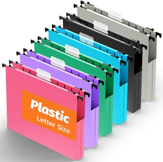 SHUTEX Hanging File Folders Letter Size, 12 Pack File Folders Hanging with Tabs, File Cabinet Folder, 1 Inch Plastic Filing Folders Hanging Expandable for Bulk Files/Medical Charts, Assorted Colors