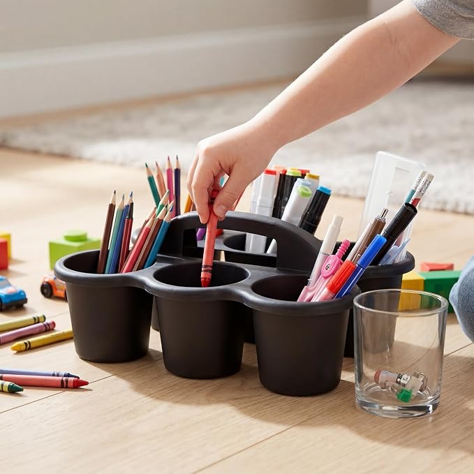 Reallnaive 6 Pack Classroom Caddy Plastic Cup Crayon Pen Holder with Handle, 6-hole Cup Storage Art Caddies Table Organizer for Drink Delivery Pencil Pen School Office Art Crafting (Black)