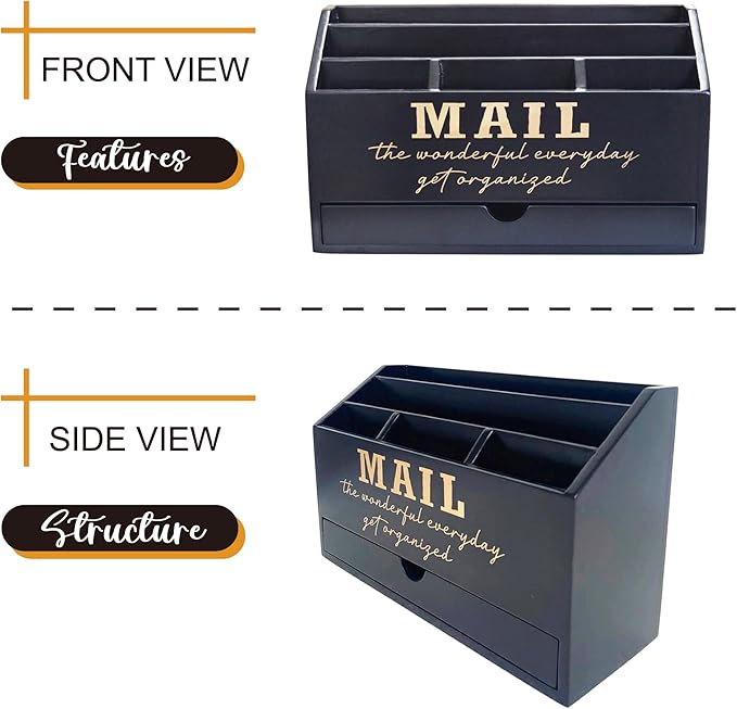 EXQUIDECA Wooden Black Rustic Countertop Mail Storage Holder with Drawer and Compartments - Office Desk Accessories and Workspace Organizers - Desktop Sorter for Pen Stationery Letter Files Documents