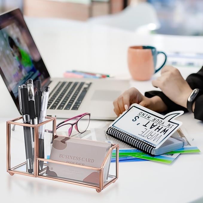 Hipiwe Glass Business Card Holder Stand Metal Pen Pencil Storage Holder for Desk Clear Business Card Display Organizer Case for Office Home Desktop,Rose Gold
