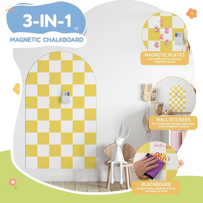 Magnetic Chalkboard Wall Decal 24''x40'' Arch - Removable Reusable Peel and Stick (No Wall Damage) Extra Strong Magnetism - Easy Clean Chalkboard for Home Office Playroom (Yellow White Checker)