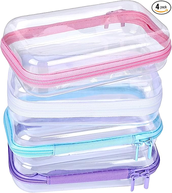 4 Pcs Clear Hard Shell Zipper Case, Hard Sided Pencil Case Clear Zipper Toys Puzzles Organizer, Travel Plastic Pouch for Makeup Storage Box, Building Blocks Bins