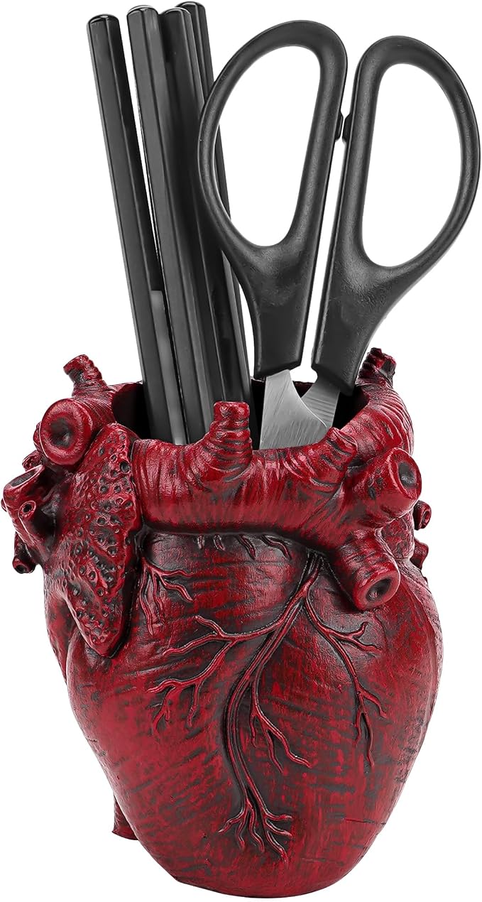 Anatomical Heart Pencil Holder, Red Resin Organ-Shaped Pen Cup Desk Organizer, Realistic Human Heart Decor, Stable Base