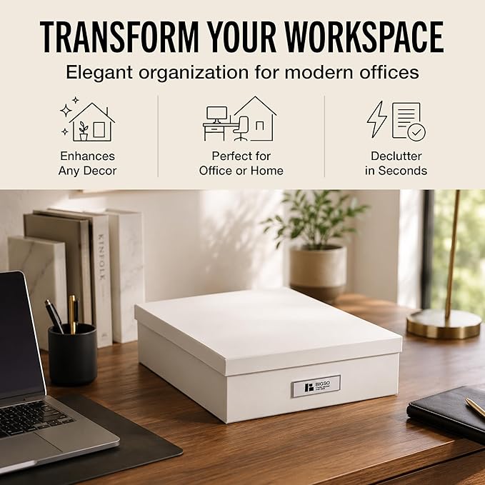 Bigso Oskar Fiberboard Label Frame Document Letter Box - File Organizer Box for Important Paperwork - Durable Document Storage with a Lid & Metal Label Window - 3.3 in x 10.2 in x 13.8 in - White