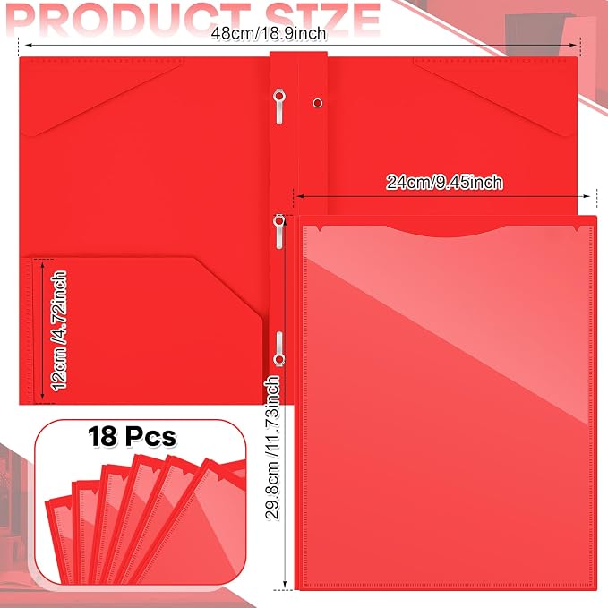 Henoyso 18 Pcs Plastic Folder with Clear Front Pocket and 3 Prong Plastic Folders with Card Slot Pocket Folders with Prongs for School Office (Red)