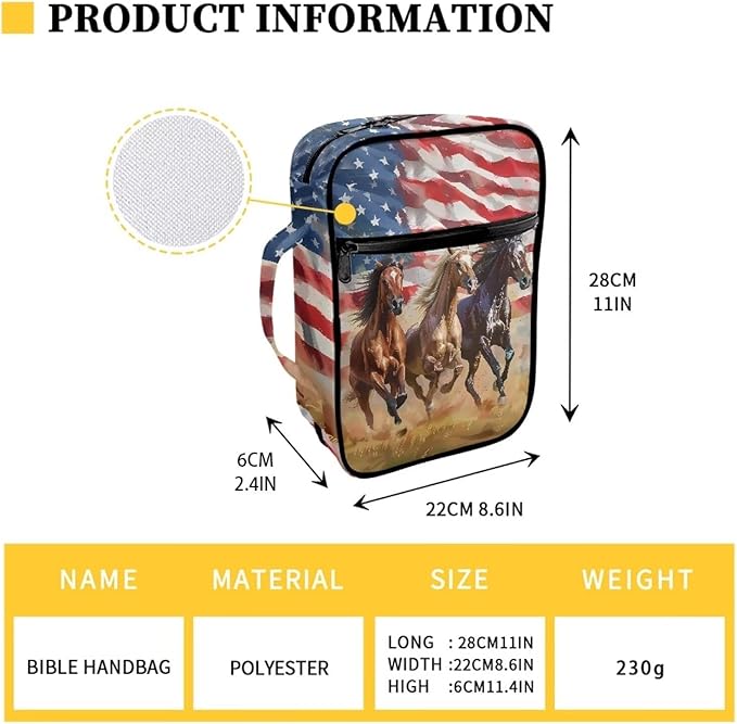 Suobstales American Flag Horse Print Bible Covers for Women Men,Carrying Book Bible Case Church Bag Lightweight Bible Bag Bible Protective with Handle and Zippered Pocket