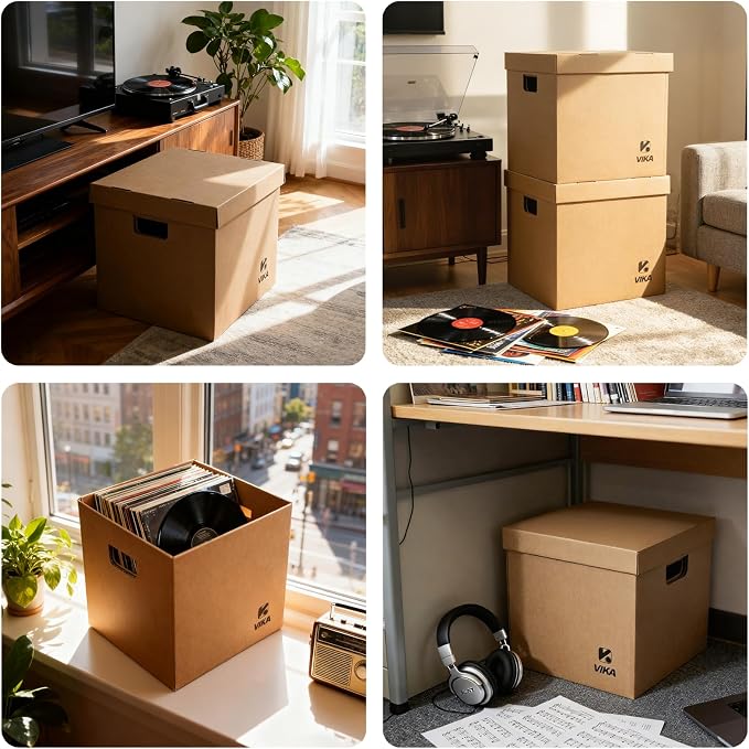 VIKA Vinyl Record Storage Box & Moving Box – Sturdy Cardboard with Removable Lids and Handles, Holds 60 Records/Laser Discs Each - Set of 4 Boxes (Kraft)
