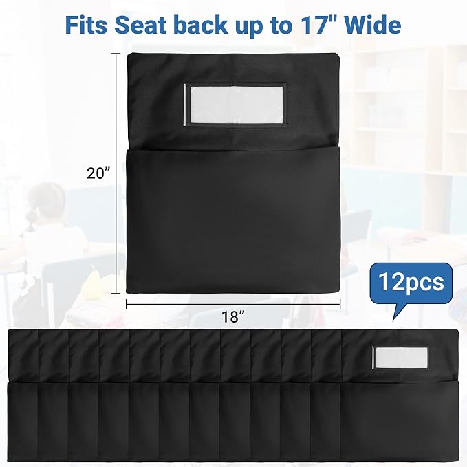 12PCS Chair Pockets for Classrooms 18 x 20 inch | Oxford Black Chair Back Buddy Pockets with Name Slot & Tags, Back of Chair Organizer for Classroom Chairs Seat Storage