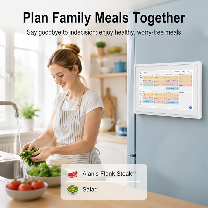Digital Calendar with Touch Screen - 10.1 Inch Wall-mounted Smart Electronic Planner with Third-Party Calendar Sync, Chore Tracker, Meal Plan & Photo Display, Gifs for Mom