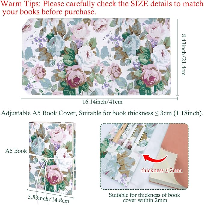 Book Covers for Paperbacks, A5 Book Cover for Hardcover, Soft Fabric Book Sleeve Cover Protector Fit for 5.5x8.2 inch Notebook Textbooks Softcover Book Novels - Multicolored Rose Flower Pattern