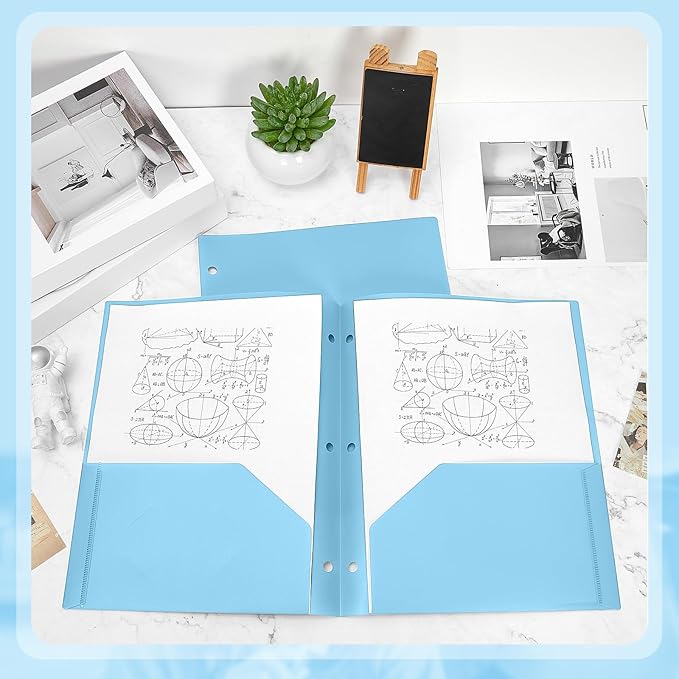 Yeaqee 50 Pcs Plastic Folders with Pockets Bulk 3 Hole Punched 2 Pocket File Folders for 3 Ring Binder Divider Folder for Notebooks, Durable Poly for Office Home (Light Blue)