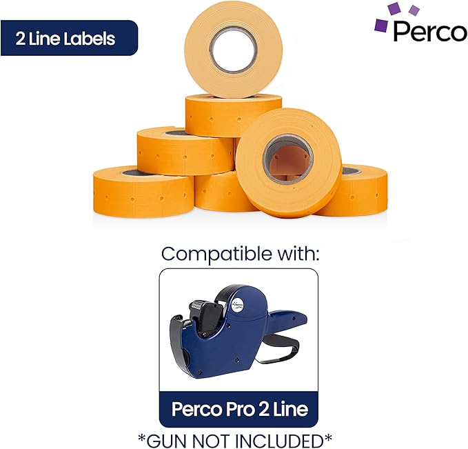 Perco 2 Line Fluorescent Orange Labels - 8 Rolls, 1 Sleeve, 6,000 Blank Price and Date Gun Labels for Perco 2 Line Price and Date Guns - Made in USA