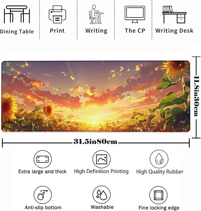 Sunflower Mouse Pad，Sunset Gaming Keyboard Mat，Laptop Computer Protector with Non-Slip Rubber Base，Large Extended MousePads Gifts for Desk Office Home，Deskmat Decor 31.5" x 11.8"