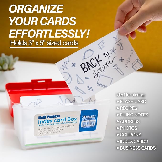BAZIC Products Index Card File Box, 3 x 5 in, Holds 250 Cards, Latch Lid, for Study Office Recipes, Case of 36