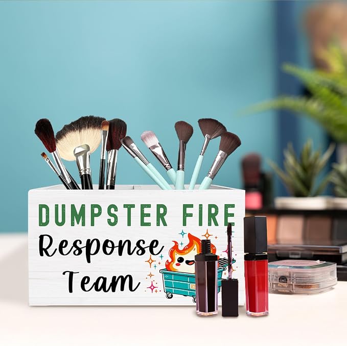 Dumpster Fire Response Team Pen Holder for Desk, Humor Sarcastic Dumpster Fire Wooden Box Sign Desk Decor for Home Office Decoration, Funny Coworker Gifts Pencil Organizer