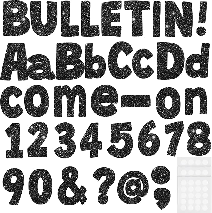 225Pcs Glitter Bulletin Board 4inch Letters with Adhesive Dots Punctuation Symbols Cutout for Classroom Numbers Alphabet School Display Decorating Supplies (Black)