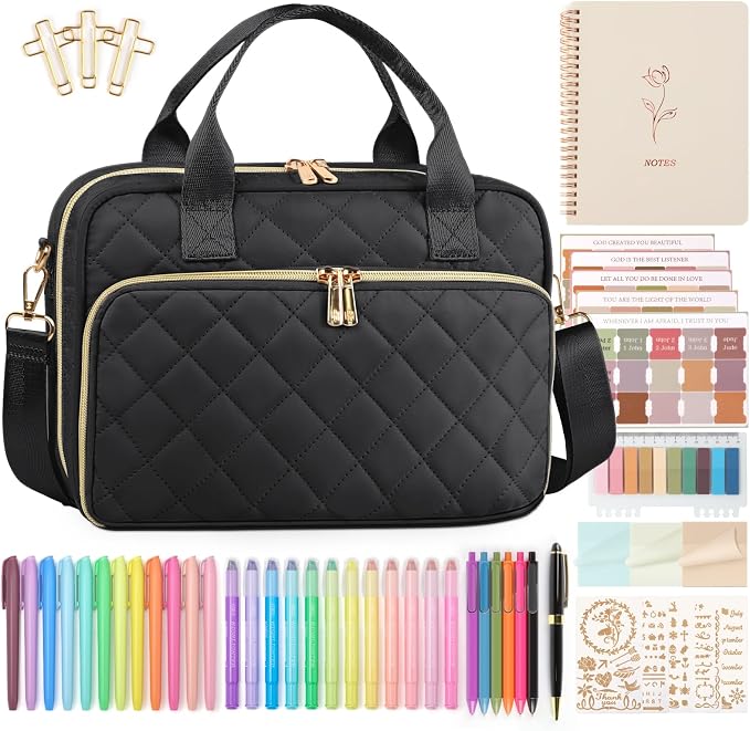 BellaHold All-in-One Bible Journaling Kit – Quilted Bible Cover Case for Women, 31 Highlighters, 75 Tabs, Bible Study Supplies & Christian Gift for Women and Teens (Shoulder Strap, Black)