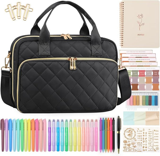 BellaHold All-in-One Bible Journaling Kit – Quilted Bible Cover Case for Women, 31 Highlighters, 75 Tabs, Bible Study Supplies & Christian Gift for Women and Teens (Shoulder Strap, Black)