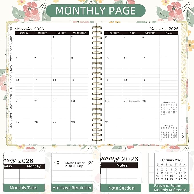 2026 Monthly Planner, Jan.2026 - Dec.2026 Weekly Monthly Planner 6.25"x8.5" with Page Tabs, Calendar Hardcover with Inner Pocket, Elastic Band, Twin-Wire Binding, Bookmark, Pink Bouquet