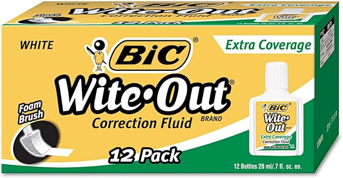 BIC WOFEC12WE Wite-Out Extra Coverage Correction Fluid, 20 ml Bottle, White, 1/Dozen