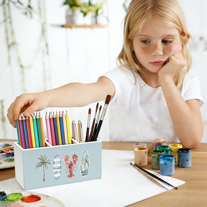 Coastal Beach Pen Pencil Holder for Desk, Beach Office Decor, Tropical Ocean Beachy Lobster Surfboard Palm Tree Wooden Box Sign Decorations for Home Bedroom Office Desk Tabletop