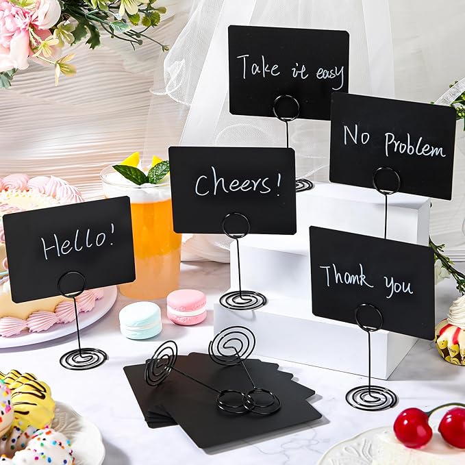 Mini Chalkboard Sign with 8. 7 Inch Metal Stand, 4" x 3" Small Chalkboard Label and 2 Marker Pens, Food Sign Buffet Rectangle Blackboard Message Board Tabletop Label for Wedding Party(48 Pcs)