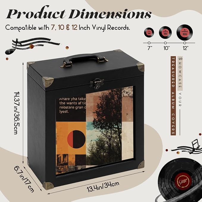 Amyhill Vinyl Record Storage Box with Display Window, Holds 30-35 Single Records 7/10/12 Inch Albums, PU Leather Record Case with Lid & Handle, Water-resistant Lp Storage for Records(Black,PU)