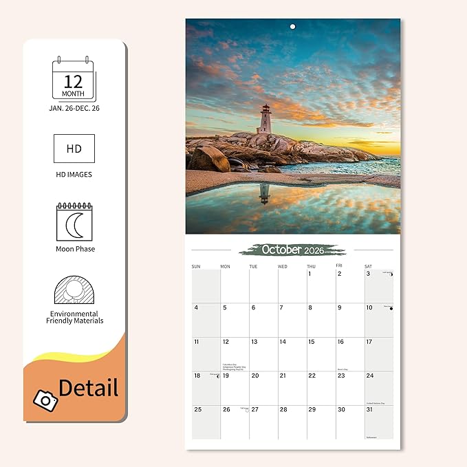 2026 Wall Calendar, Planner Calendar 2026 - Lighthouse Hangable Monthly Wall Calendar with Large Blocks for Organizing & Planning, Academic Schedule, Home, Office & family, Thick & Sturdy Paper (12"x24" Open)