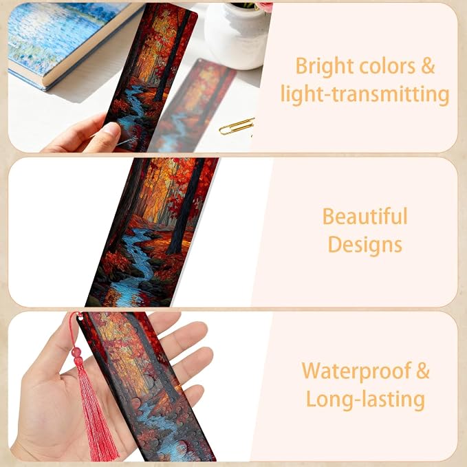 4 Pcs Seasons Transparent PVC Bookmarks with Tassels, Stained Glass Art Bookmark Gifts for Women Men, Elegant Book Loves Accessories, Fantasy Reader Gift for Bookish Men
