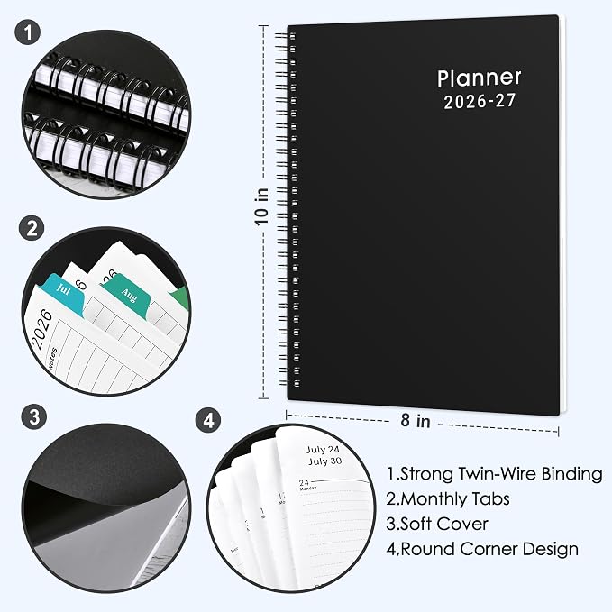 Planner 2026-2027 - 8'' x 10'', JUL 2026 to JUN 2027, 2026-2027 Calendar, Weekly and Monthly, with Monthly Tabs, Yearly Planner 2026-2027, Calendar Planner with Twin-wire Binding, Flexible Cover