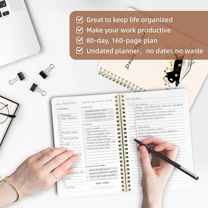 Undated Daily Planner - Spiral Notebook 80 Days One Day Per Page, Hourly Schedule, To-Do List, Notes, Everyday Planning Task, A5 Hardcover Journal Organizer Book Women Cute Aesthetic, Cat