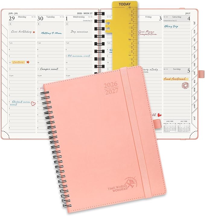 POPRUN Planner 2026-2027 (Medium - 6.5'' x 8.5'') Academic Weekly Calendar (July 2026 - June 2027) with Hourly Time Slots, Monthly Tabs, 100GSM Thick Papers, Spiral Leather Cover - Pink