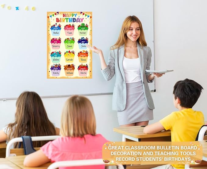 D24TIME Birthday Poster Chart for Classroom-Cupcake Birthday Calendar for Classroom Decorations Waterproof Laminated Happy Birthday Poster for Bulletin Board Decorations Back To School Supplies