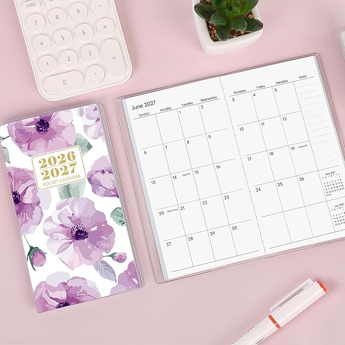 Pocket Calendar 2026-2027, Monthly Purse Planner - 6.7" x 3.7" - Runs from January 2026 Until December 2027, Floral Pocket Calendar with PVC Cover for Planning, Organizing and Office