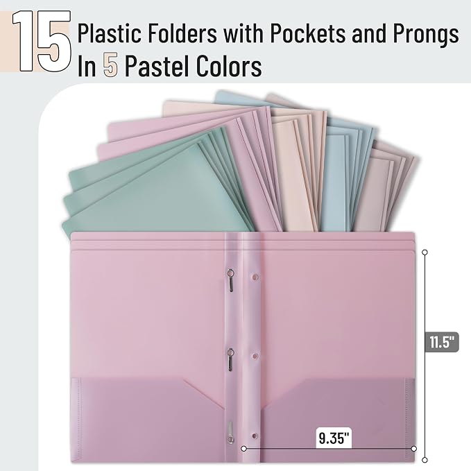Mr. Pen- Plastic Folders with Pockets and Prongs, 15 Pack, Letter Size, Pastel Color, Flexible Plastic Folders with Prongs