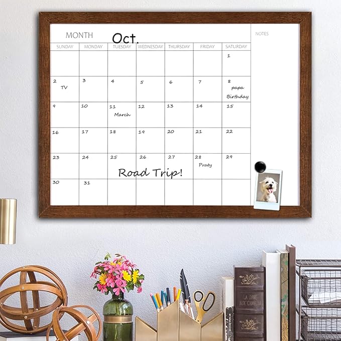 TORASO Dry Erase Monthly Calendar Board, Solid Wood Frame Magnetic Whiteboard for Wall, Office/School/Home, Walnut Brown Frame Hanging Board 12"x 16"(YL-WB-3040-A)