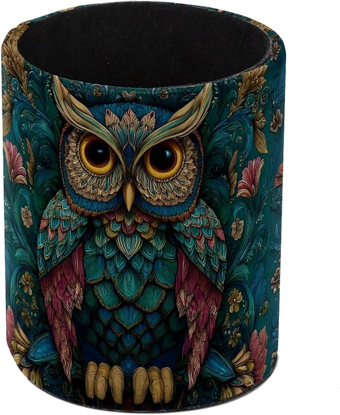 Vintage Owl and Flower Leather Pen Holder for Desk, Multifunctional Desktop Organizer Pencil Cup, Desktop Caddy Stationery Organizer for School Home Office Desk Accessories
