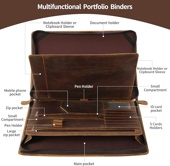 Ringsun Genuine Leather Portfolio Organizer for Men Women with Handle, Full Grain Leather Padfolio Folder with Zipper Business Resume Portfolio for 12.9" iPad, Brown, RS118